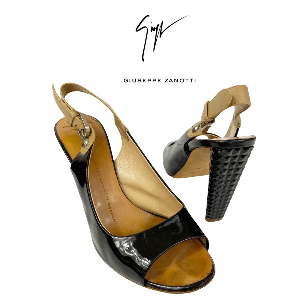 Authentic GIUSEPPE ZANNOTI Slingback peep toe pump black heels Italy 36.5